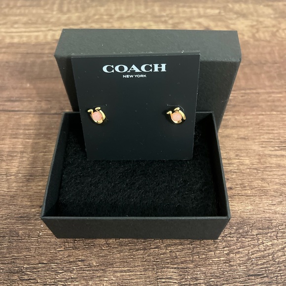 NWT Coach earrings. Gold C with a light pink/peach accent. - Picture 2 of 4